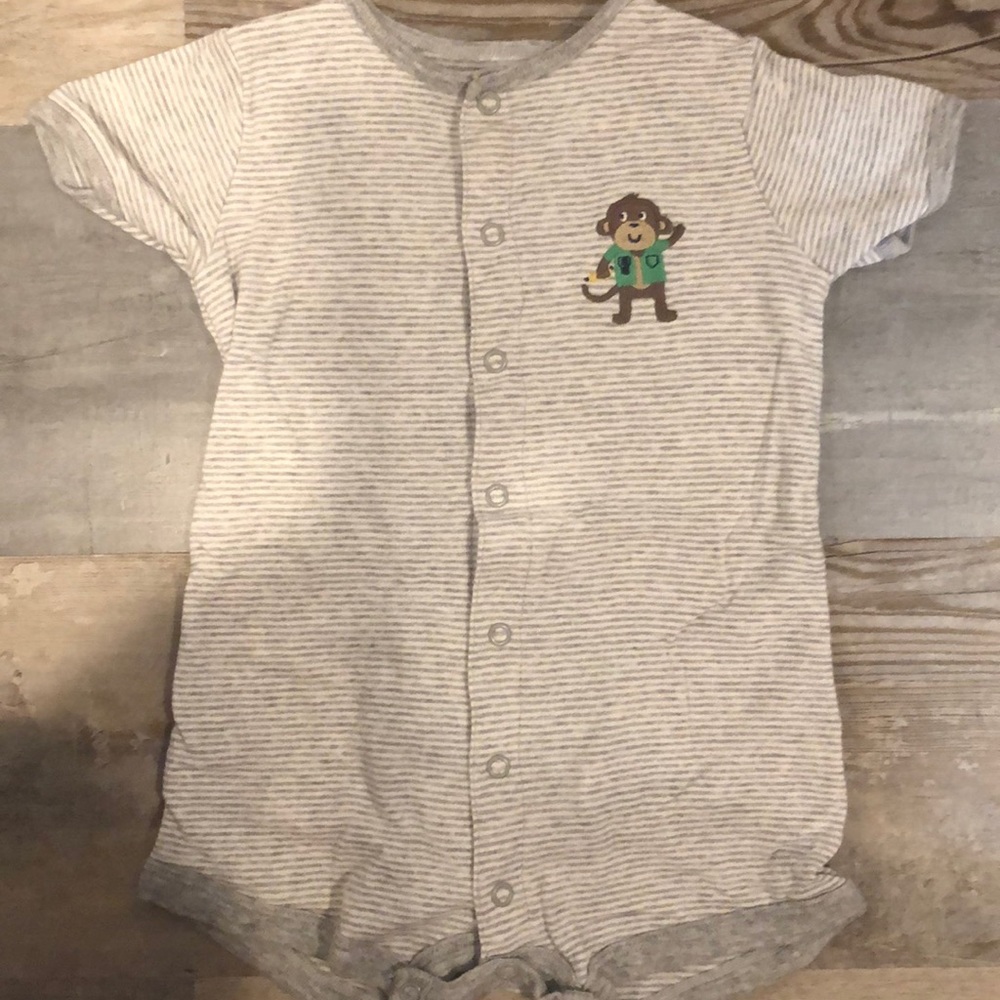 Gray, striped romper with monkey